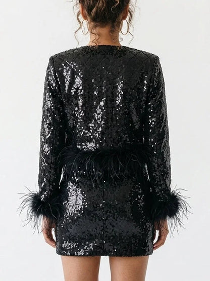 Feather Trim Black Sequin Jacket and Mini Skirt Set - Suits & Sets