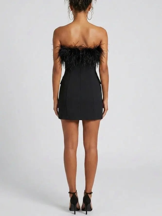 Feather Trim Black Strapless Mini Dress - Dresses