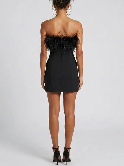 Feather Trim Black Strapless Mini Dress - Dresses
