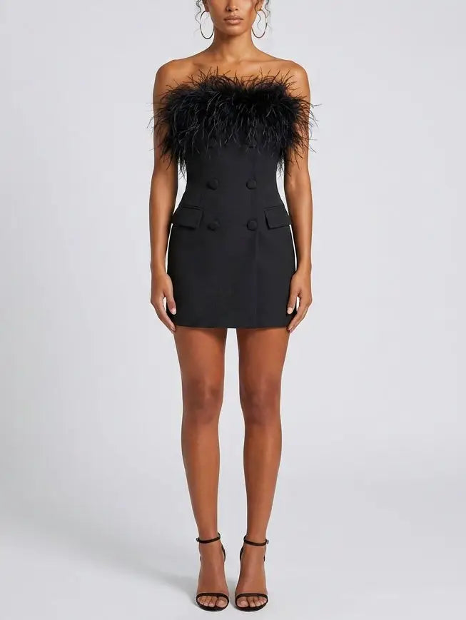 Feather Trim Black Strapless Mini Dress - Dresses