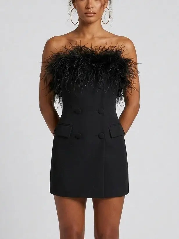 Feather Trim Black Strapless Mini Dress - Dresses