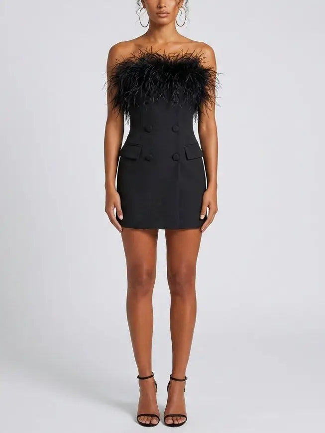Feather Trim Black Strapless Mini Dress - Dresses