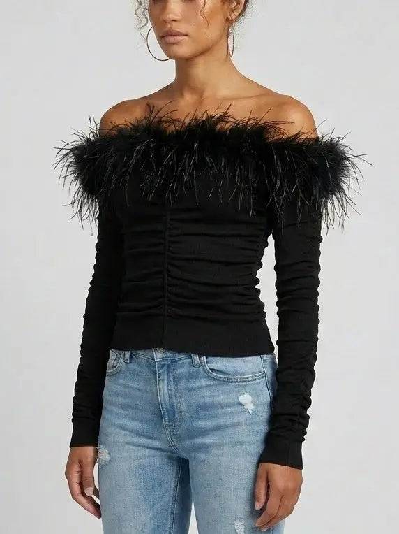 Feather Trim Off Shoulder Ruched Jersey Top in Black - Tops