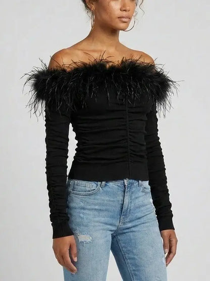 Feather Trim Off Shoulder Ruched Jersey Top in Black - Tops