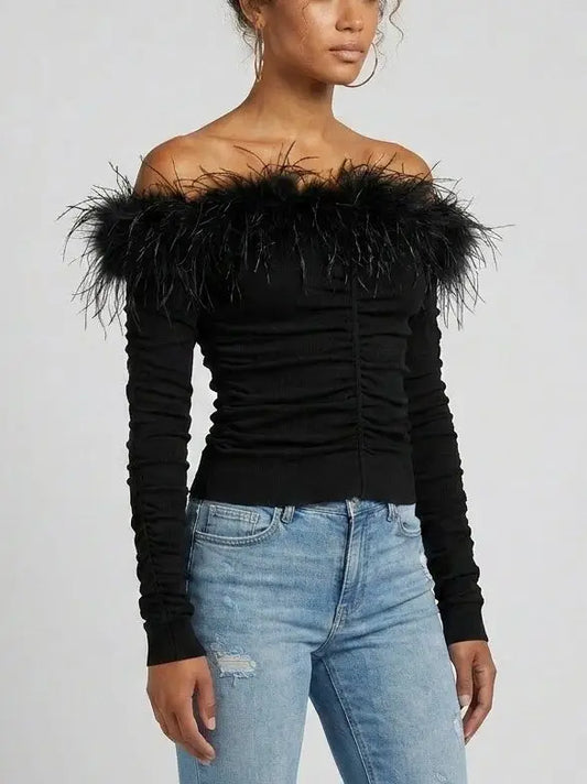 Feather Trim Off Shoulder Ruched Jersey Top in Black - Tops