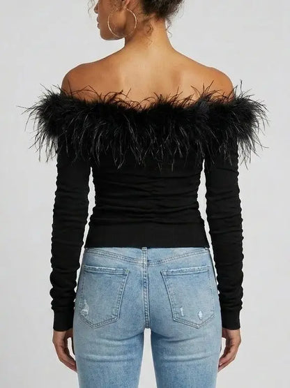 Feather Trim Off Shoulder Ruched Jersey Top in Black - Tops
