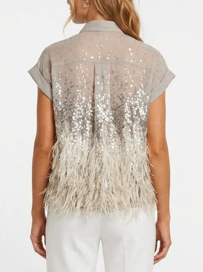 Feather Trim Sequin Sleeveless Silk Shirt - Tops