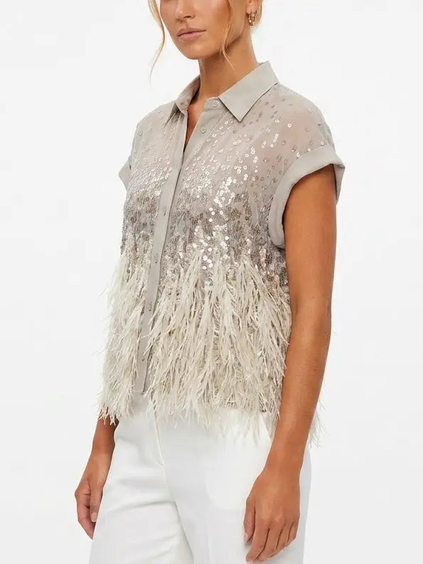 Feather Trim Sequin Sleeveless Silk Shirt - Tops