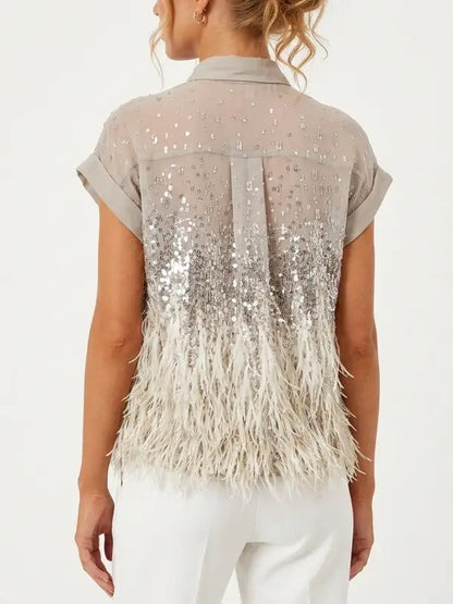 Feather Trim Sequin Sleeveless Silk Shirt - Tops