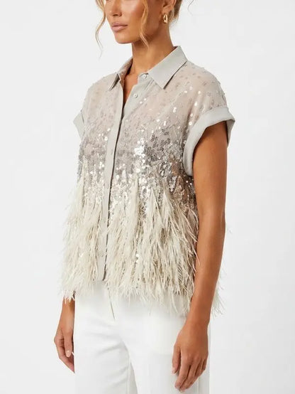 Feather Trim Sequin Sleeveless Silk Shirt - Tops