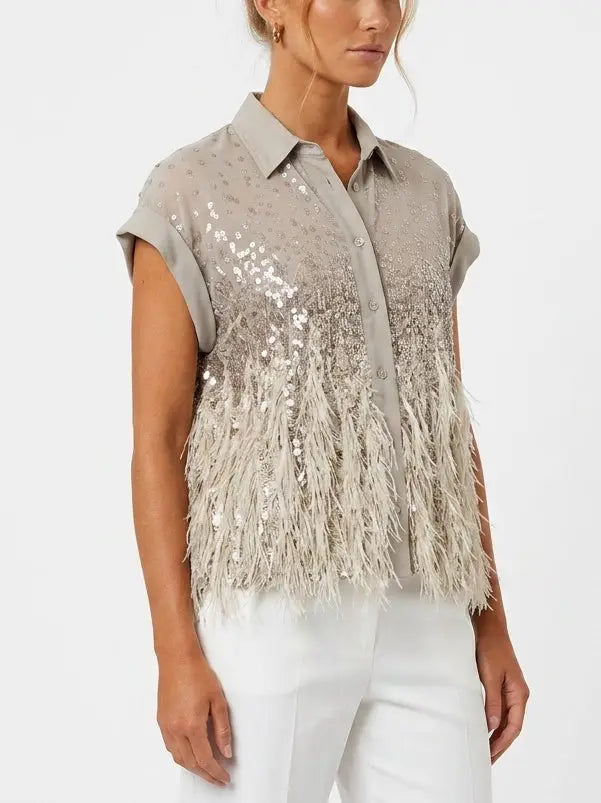 Feather Trim Sequin Sleeveless Silk Shirt - Tops