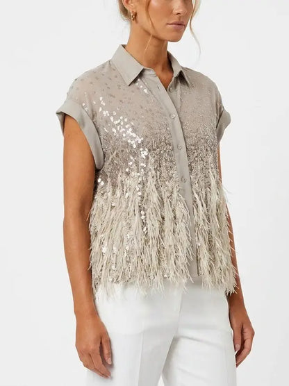Feather Trim Sequin Sleeveless Silk Shirt - Tops