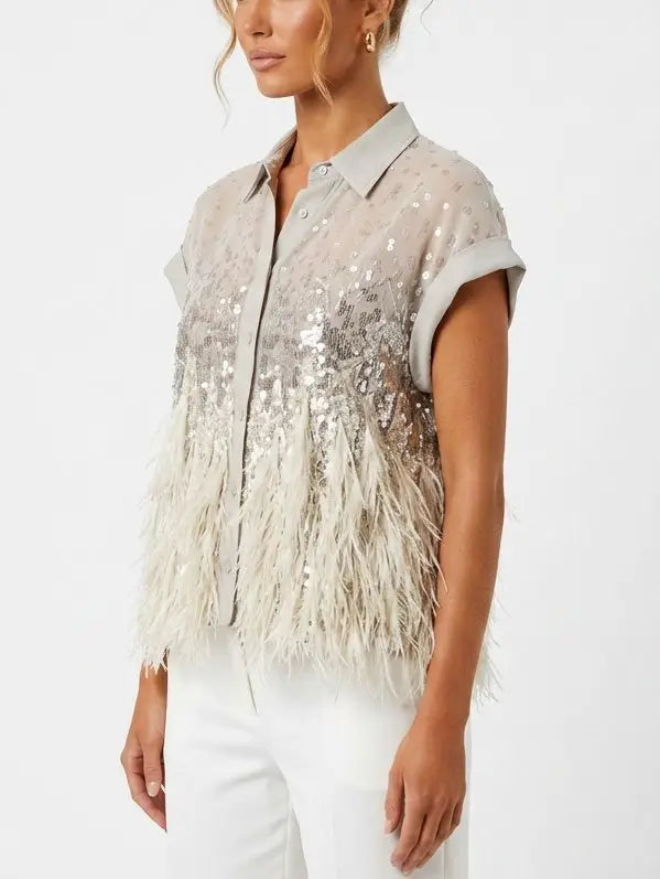 Feather Trim Sequin Sleeveless Silk Shirt - Tops