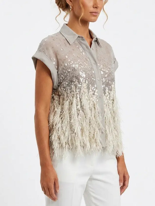 Feather Trim Sequin Sleeveless Silk Shirt - Tops
