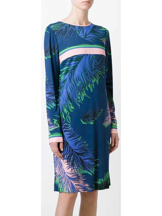 Feathers Printed Dress in Blue - Branna Couture