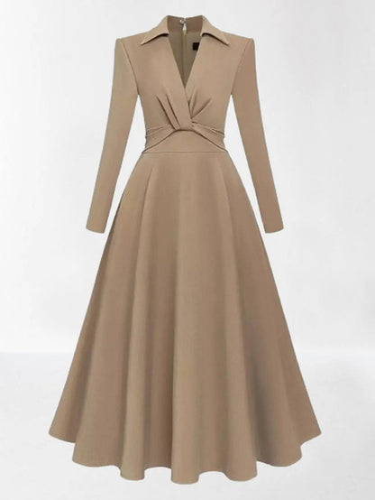 Fit and Flare V-Neck midi Dress in Khaki - Dresses