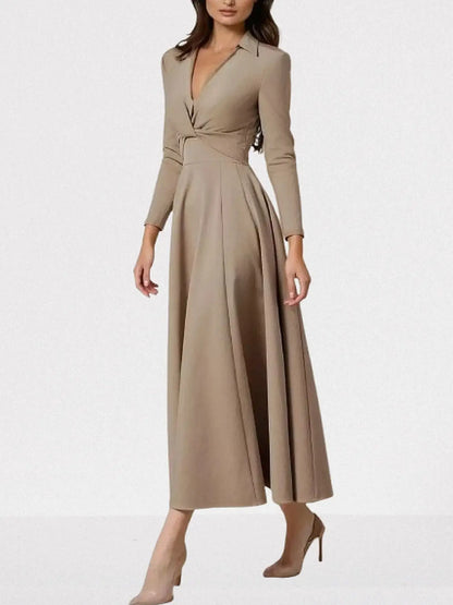 Fit and Flare V-Neck midi Dress in Khaki - Dresses
