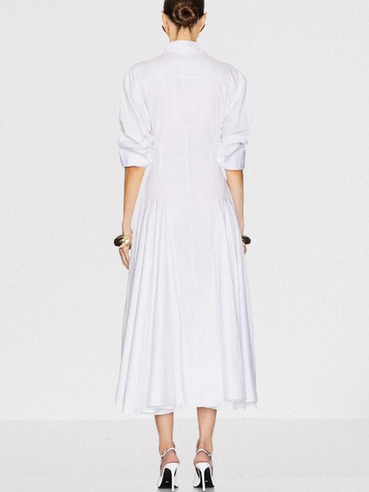 Fit and Flare White Pleated Mid Shirt-Dress - Dresses