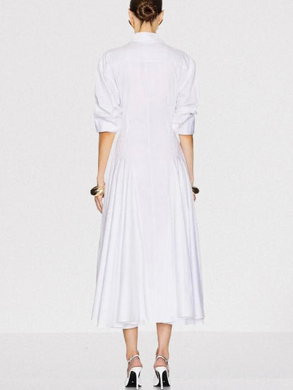 Fit and Flare White Pleated Mid Shirt-Dress - Dresses