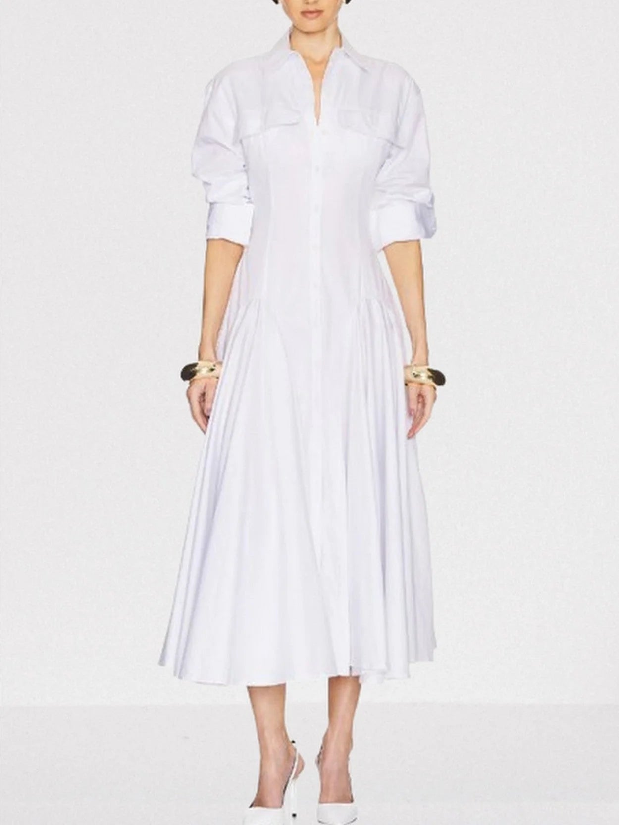 Fit and Flare White Pleated Mid Shirt-Dress - Dresses