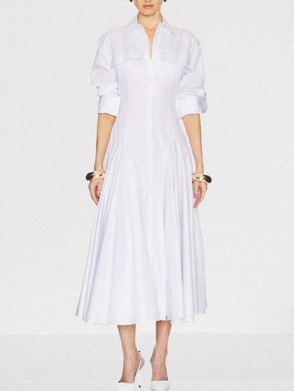 Fit and Flare White Pleated Mid Shirt-Dress - Dresses