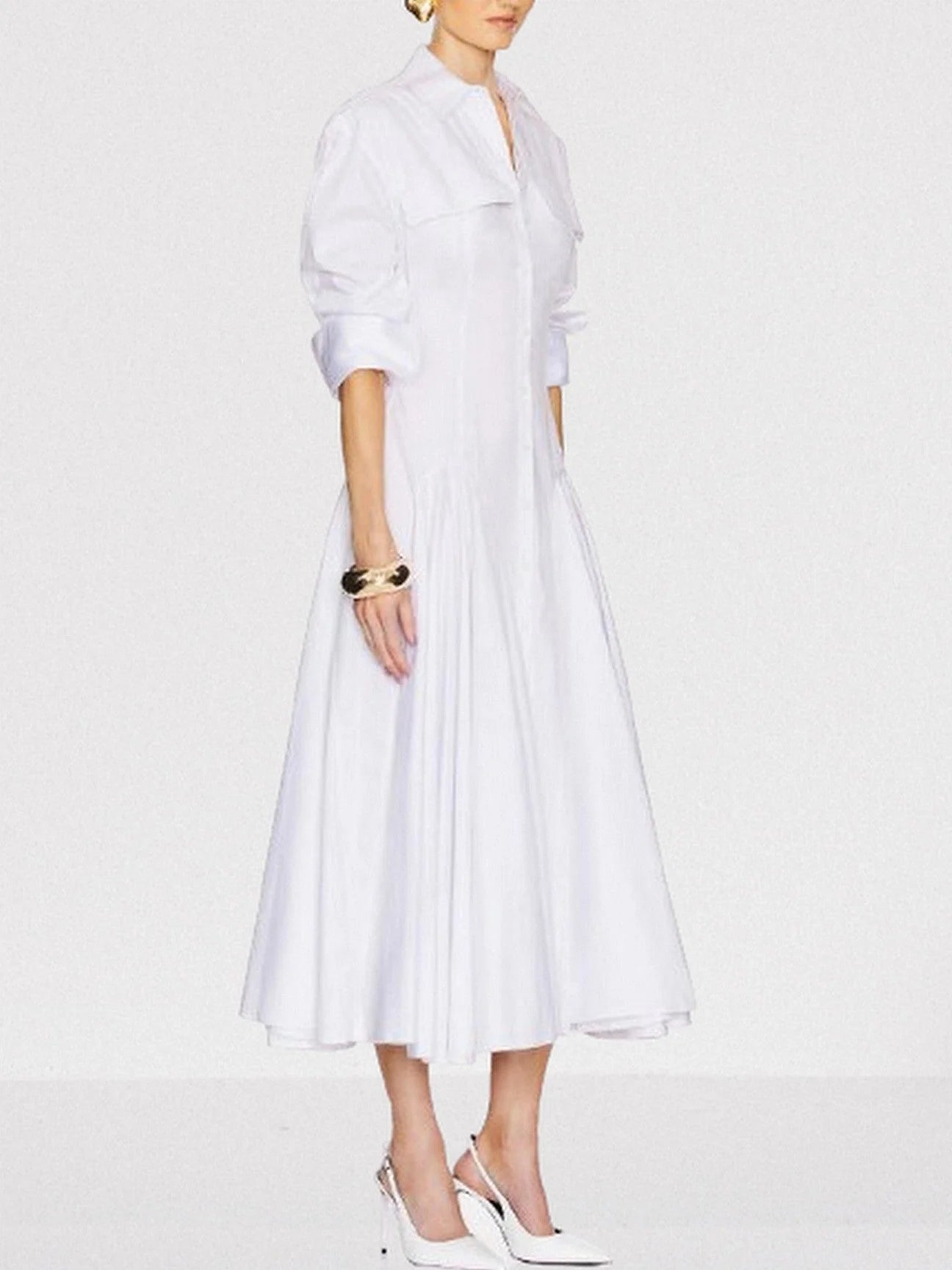 Fit and Flare White Pleated Mid Shirt-Dress - Dresses