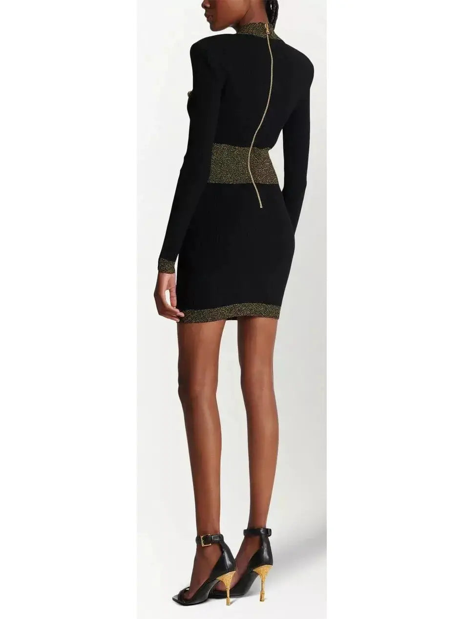 Fitted Embossed-Button Mini Dress, Black - Branna Couture