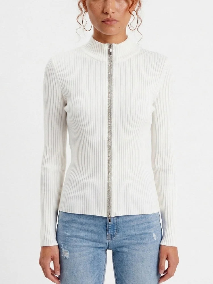 Fitted Ribbed Knit Cardigan with Beaded Zip Trim - Small / White - Sweaters & Knitwear