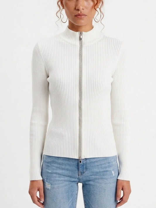 Fitted Ribbed Knit Cardigan with Beaded Zip Trim - Small / White - Sweaters & Knitwear