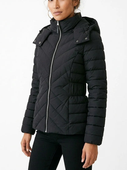 Fitted Quilted Hooded Jacket with Chevron Panels - Jackets