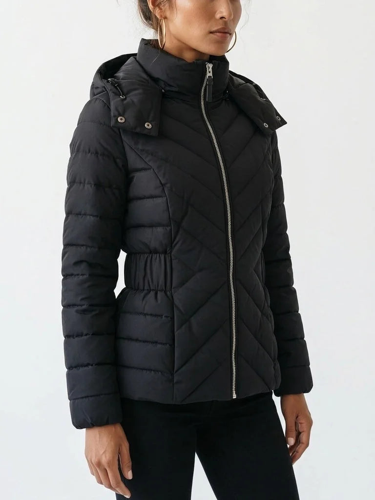 Fitted Quilted Hooded Jacket with Chevron Panels - Jackets