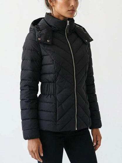 Fitted Quilted Hooded Jacket with Chevron Panels - Jackets