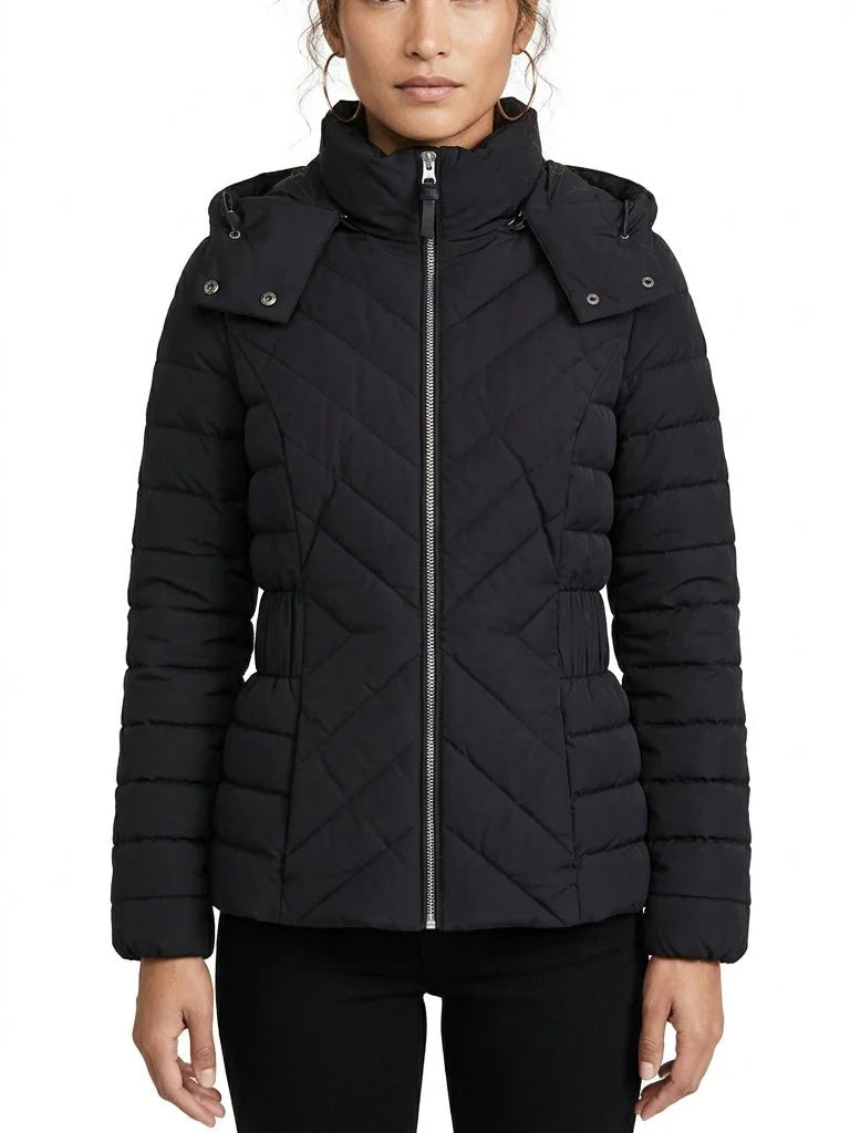 Fitted Quilted Hooded Jacket with Chevron Panels - Jackets