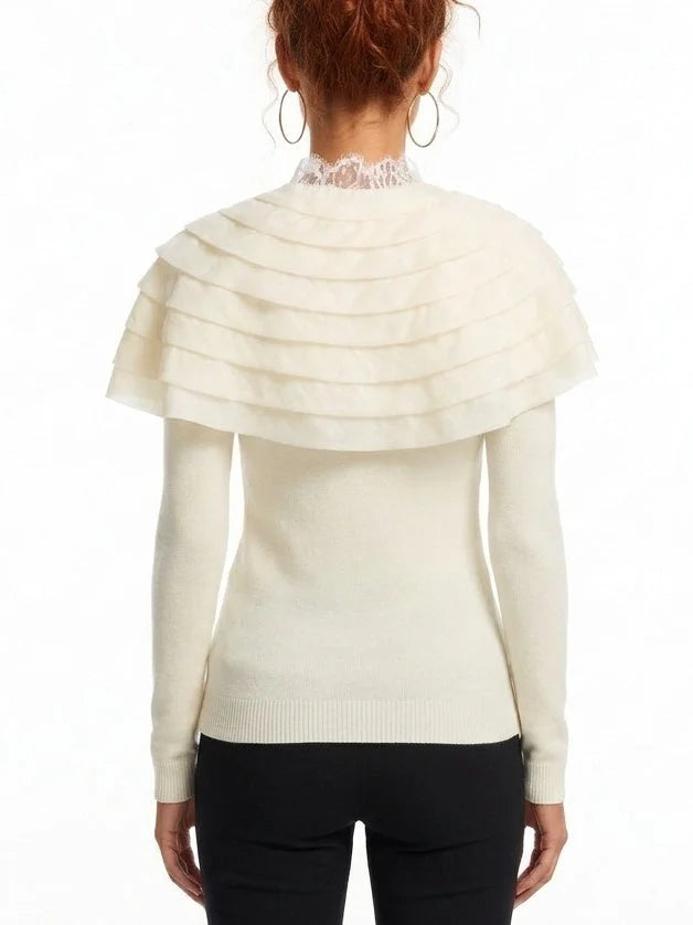 Fitted Ribbed Cardigan with Removable Ruffle Capelet - Sweaters & Knitwear