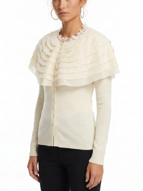 Fitted Ribbed Cardigan with Removable Ruffle Capelet - Sweaters & Knitwear