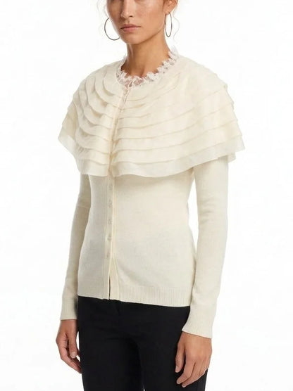 Fitted Ribbed Cardigan with Removable Ruffle Capelet - Sweaters & Knitwear