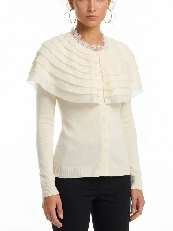 Fitted Ribbed Cardigan with Removable Ruffle Capelet - Sweaters & Knitwear