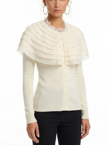 Fitted Ribbed Cardigan with Removable Ruffle Capelet - Sweaters & Knitwear