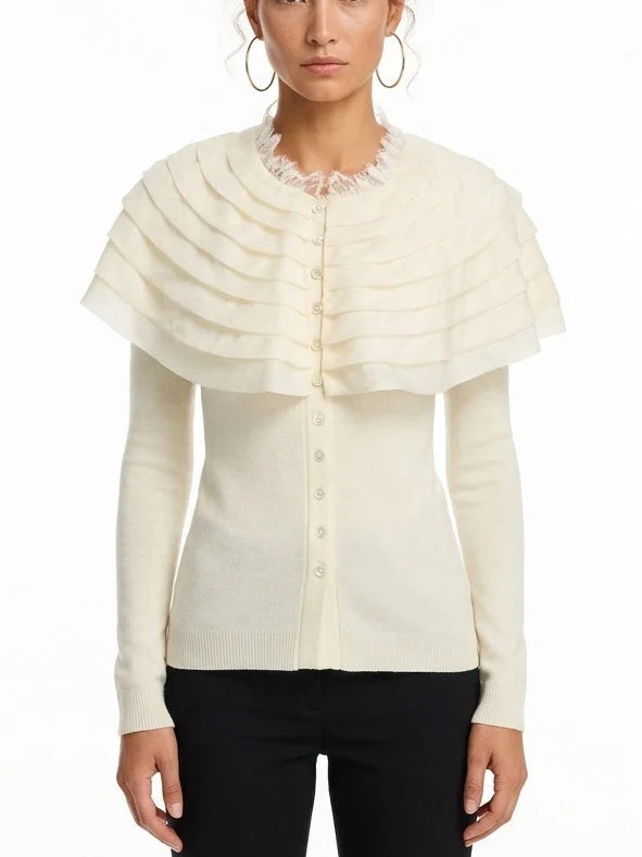 Fitted Ribbed Cardigan with Removable Ruffle Capelet - Sweaters & Knitwear