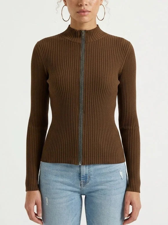 Fitted Ribbed Knit Cardigan with Beaded Zip Trim - Small / Brown - Sweaters & Knitwear