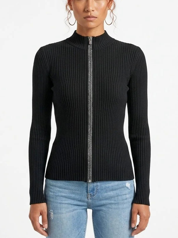 Fitted Ribbed Knit Cardigan with Beaded Zip Trim - Small / Charcoal - Sweaters & Knitwear