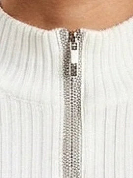 Fitted Ribbed Knit Cardigan with Beaded Zip Trim - Sweaters & Knitwear