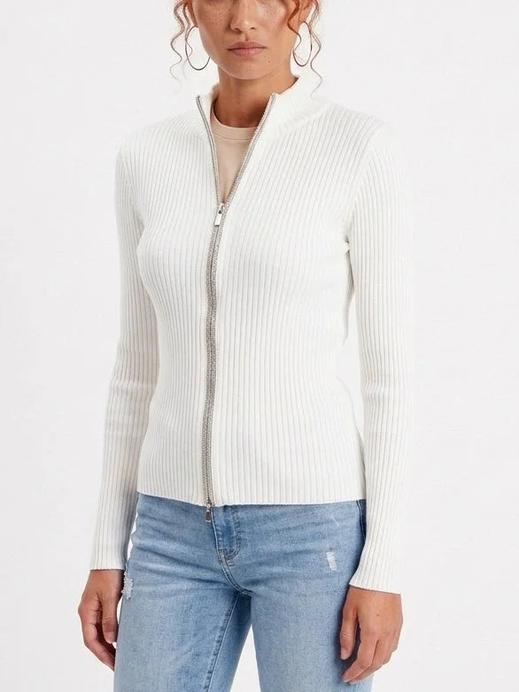 Fitted Ribbed Knit Cardigan with Beaded Zip Trim - Sweaters & Knitwear