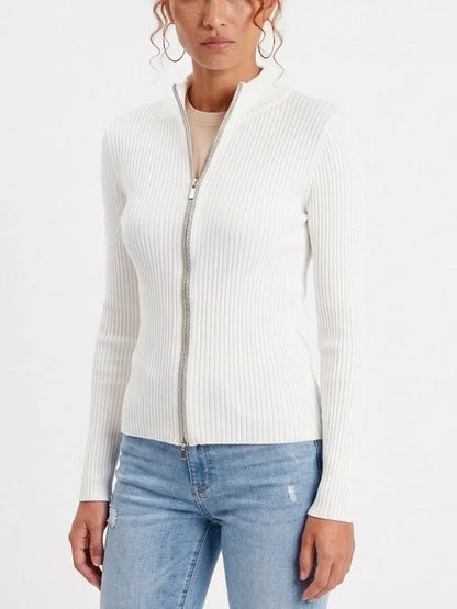 Fitted Ribbed Knit Cardigan with Beaded Zip Trim - Sweaters & Knitwear