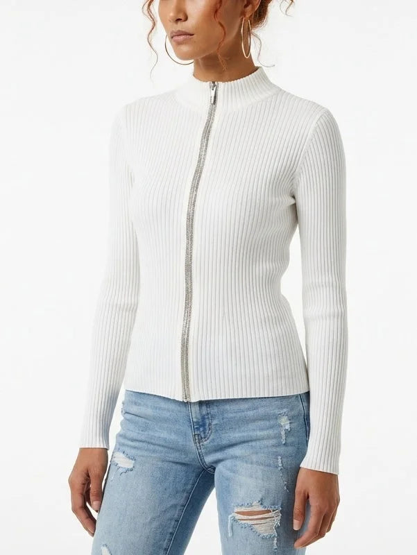 Fitted Ribbed Knit Cardigan with Beaded Zip Trim - Sweaters & Knitwear
