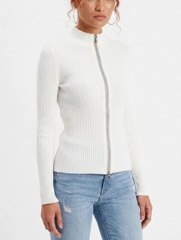Fitted Ribbed Knit Cardigan with Beaded Zip Trim - Sweaters & Knitwear