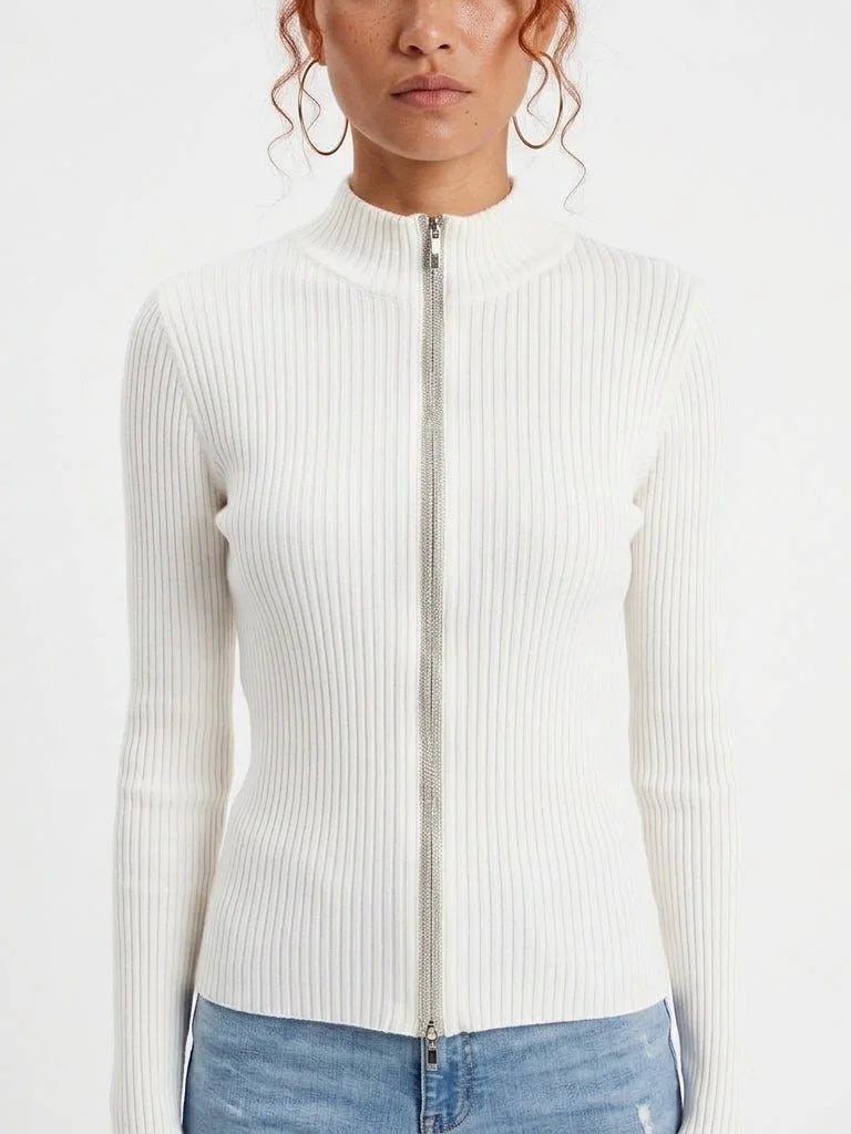 Fitted Ribbed Knit Cardigan with Beaded Zip Trim - Sweaters & Knitwear