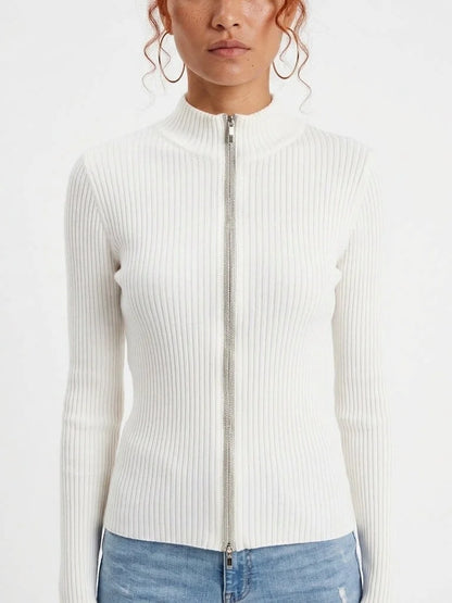 Fitted Ribbed Knit Cardigan with Beaded Zip Trim - Sweaters & Knitwear