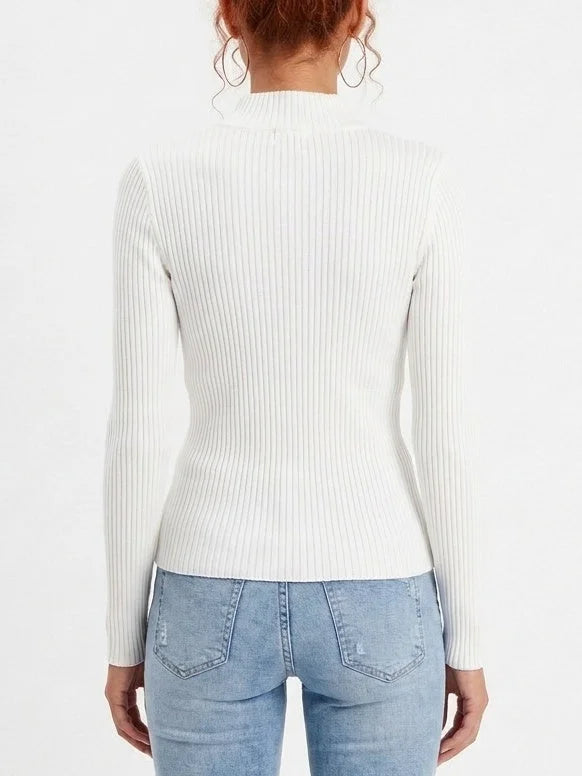 Fitted Ribbed Knit Cardigan with Beaded Zip Trim - Sweaters & Knitwear