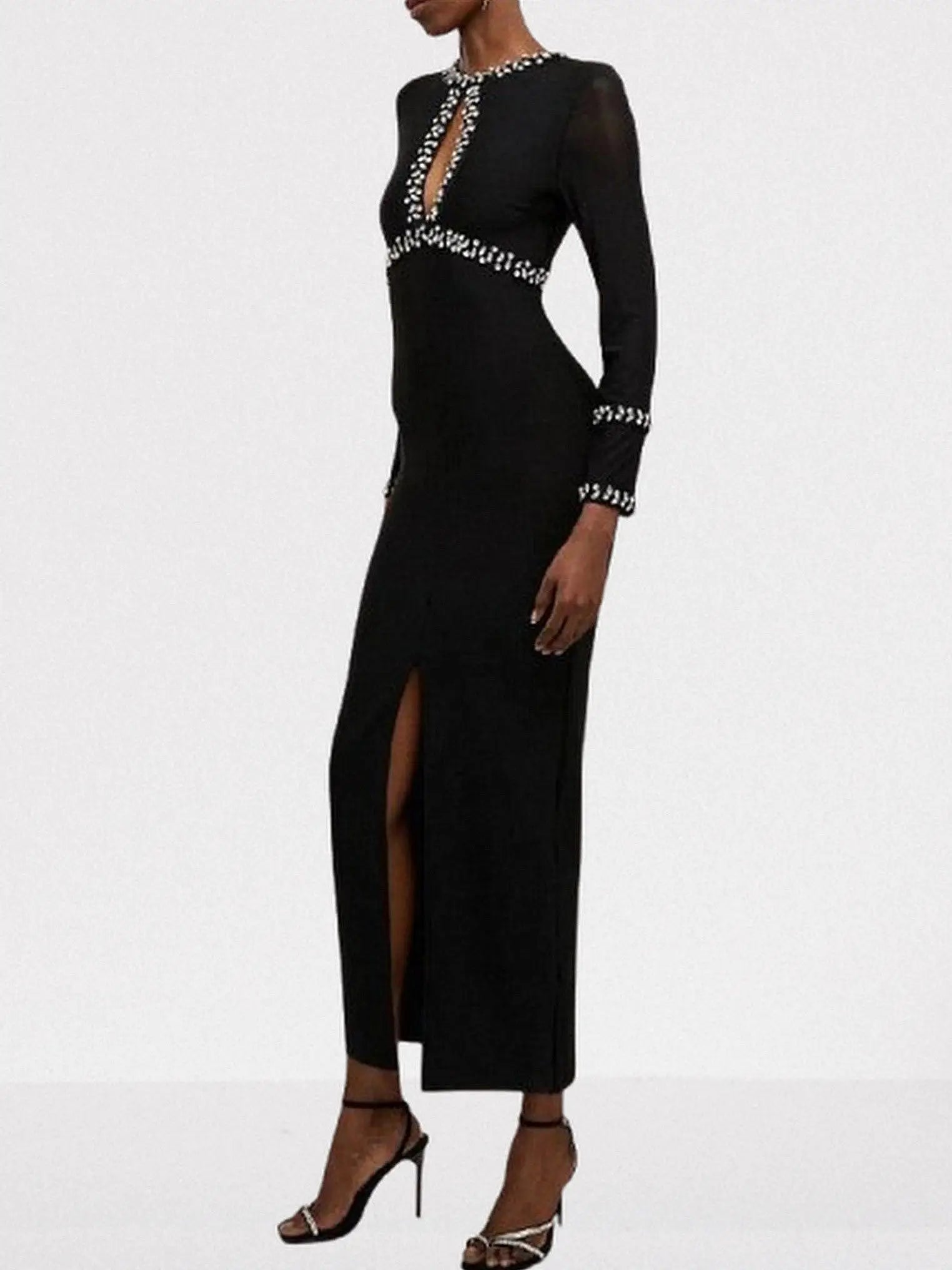 Crystal-Embellished Black Keyhole Evening Dress - Dresses